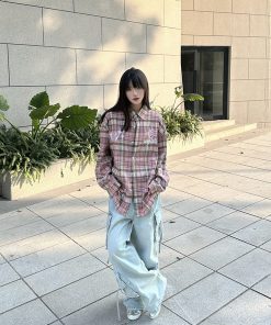 Embroidered American Vintage Pink Plaid Shirt for Women - Loose Fit Long Sleeve Jacket, Spring Autumn Fashion, Y2K Style