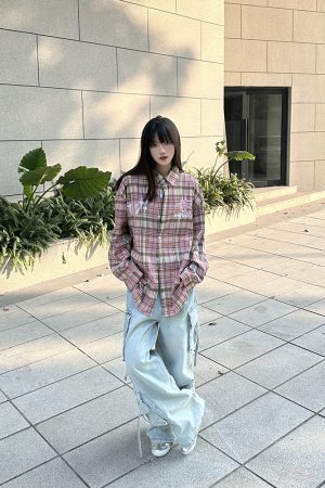 Embroidered American Vintage Pink Plaid Shirt for Women - Loose Fit Long Sleeve Jacket, Spring Autumn Fashion, Y2K Style