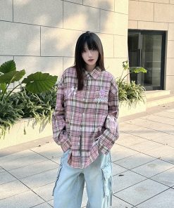 Embroidered American Vintage Pink Plaid Shirt for Women - Loose Fit Long Sleeve Jacket, Spring Autumn Fashion, Y2K Style