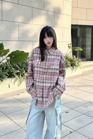 Embroidered American Vintage Pink Plaid Shirt for Women - Loose Fit Long Sleeve Jacket, Spring Autumn Fashion, Y2K Style