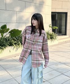 Embroidered American Vintage Pink Plaid Shirt for Women - Loose Fit Long Sleeve Jacket, Spring Autumn Fashion, Y2K Style