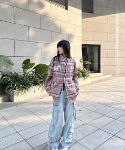Embroidered American Vintage Pink Plaid Shirt for Women - Loose Fit Long Sleeve Jacket, Spring Autumn Fashion, Y2K Style