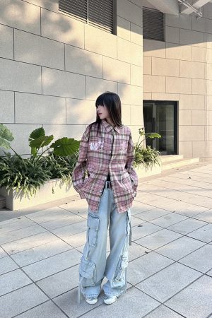 Embroidered American Vintage Pink Plaid Shirt for Women - Loose Fit Long Sleeve Jacket, Spring Autumn Fashion, Y2K Style