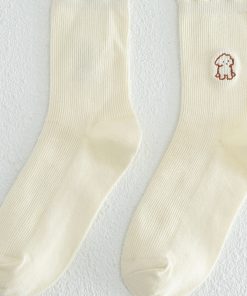Embroidered Badge Mid-Tube Socks for Women - Spring Autumn Cotton JK Style - 3 Pairs of Cute Pudding Bear Student Uniform Socks