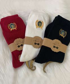 Embroidered Badge Mid-Tube Socks for Women - Spring Autumn Cotton JK Style - 3 Pairs of Cute Pudding Bear Student Uniform Socks