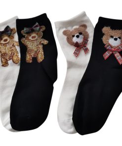 Embroidered Badge Mid-Tube Socks for Women - Spring Autumn Cotton JK Style - 3 Pairs of Cute Pudding Bear Student Uniform Socks
