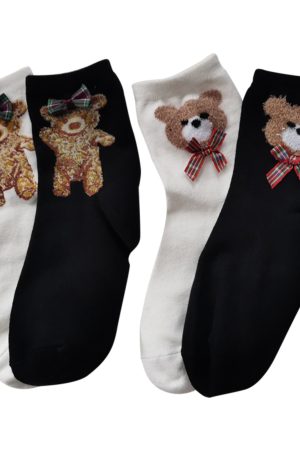 Embroidered Badge Mid-Tube Socks for Women - Spring Autumn Cotton JK Style - 3 Pairs of Cute Pudding Bear Student Uniform Socks