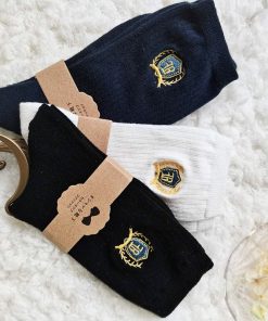 Embroidered Badge Mid-Tube Socks for Women - Spring Autumn Cotton JK Style - 3 Pairs of Cute Pudding Bear Student Uniform Socks