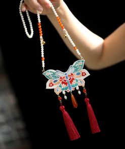 Embroidered Butterfly Tassel Necklace for Women - National Style Hanfu Accessories for Autumn & Winter, Ancient Qipao Jewelry