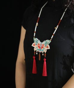 Embroidered Butterfly Tassel Necklace for Women - National Style Hanfu Accessories for Autumn & Winter, Ancient Qipao Jewelry