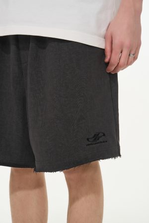 Embroidered Distressed Vintage Heavyweight Short Sweatpants for Men - Casual 90s Style Clean Fit