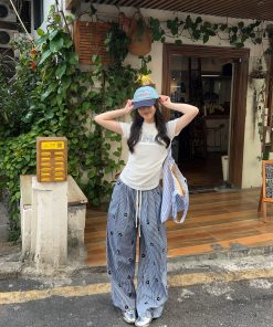 Embroidered Floral Plaid Wide-Leg Pants for Women - Casual Summer Slim-Fit Drawstring Long Trousers, Trendy Y2K Style