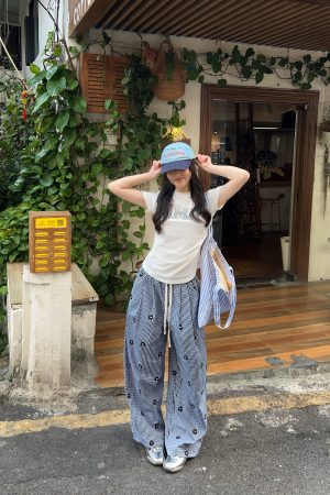 Embroidered Floral Plaid Wide-Leg Pants for Women - Casual Summer Slim-Fit Drawstring Long Trousers, Trendy Y2K Style