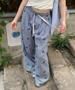 Embroidered Floral Plaid Wide-Leg Pants for Women - Casual Summer Slim-Fit Drawstring Long Trousers, Trendy Y2K Style