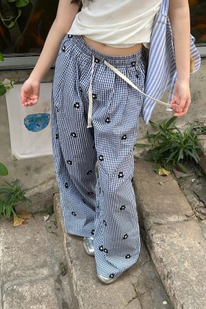 Embroidered Floral Plaid Wide-Leg Pants for Women - Casual Summer Slim-Fit Drawstring Long Trousers, Trendy Y2K Style