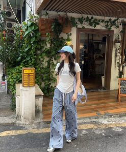 Embroidered Floral Plaid Wide-Leg Pants for Women - Casual Summer Slim-Fit Drawstring Long Trousers, Trendy Y2K Style