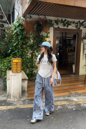 Embroidered Floral Plaid Wide-Leg Pants for Women - Casual Summer Slim-Fit Drawstring Long Trousers, Trendy Y2K Style