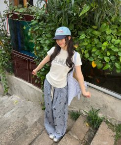 Embroidered Floral Plaid Wide-Leg Pants for Women - Casual Summer Slim-Fit Drawstring Long Trousers, Trendy Y2K Style