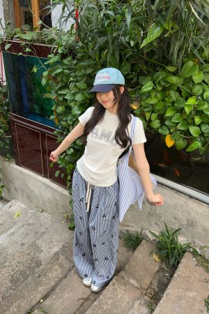 Embroidered Floral Plaid Wide-Leg Pants for Women - Casual Summer Slim-Fit Drawstring Long Trousers, Trendy Y2K Style