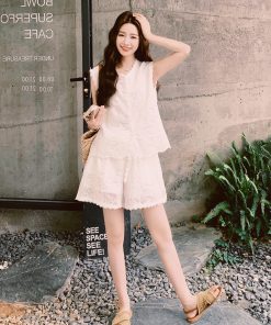 Embroidered French Lace Top and Shorts Set for Women - 2025 Summer Style, Elegant Two-Piece Outfit