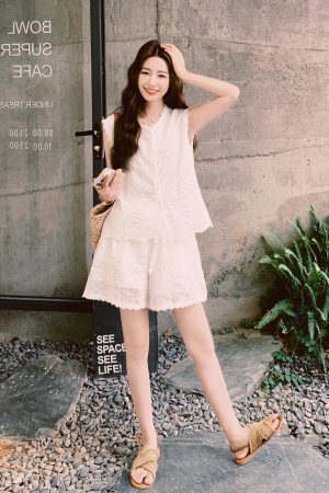 Embroidered French Lace Top and Shorts Set for Women - 2025 Summer Style, Elegant Two-Piece Outfit