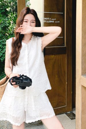 Embroidered French Lace Top and Shorts Set for Women - 2025 Summer Style, Elegant Two-Piece Outfit