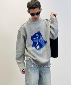 Embroidered Hem Distressed Little Dinosaur Sweater - Trendy Y2K Style with Roaring Beast Design for a Unique Look
