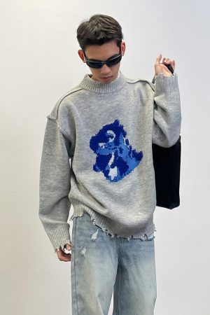 Embroidered Hem Distressed Little Dinosaur Sweater - Trendy Y2K Style with Roaring Beast Design for a Unique Look