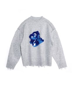 Embroidered Hem Distressed Little Dinosaur Sweater - Trendy Y2K Style with Roaring Beast Design for a Unique Look
