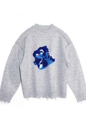 Embroidered Hem Distressed Little Dinosaur Sweater - Trendy Y2K Style with Roaring Beast Design for a Unique Look