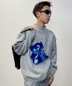 Embroidered Hem Distressed Little Dinosaur Sweater - Trendy Y2K Style with Roaring Beast Design for a Unique Look