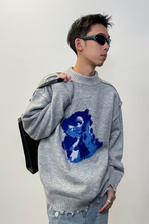 Embroidered Hem Distressed Little Dinosaur Sweater - Trendy Y2K Style with Roaring Beast Design for a Unique Look