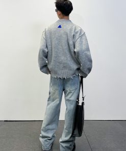 Embroidered Hem Distressed Little Dinosaur Sweater - Trendy Y2K Style with Roaring Beast Design for a Unique Look