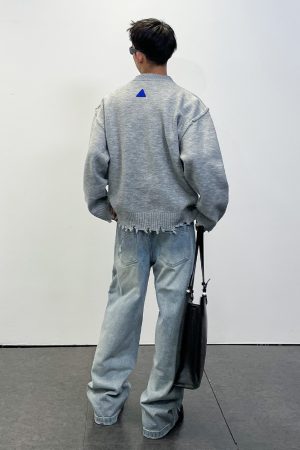 Embroidered Hem Distressed Little Dinosaur Sweater - Trendy Y2K Style with Roaring Beast Design for a Unique Look