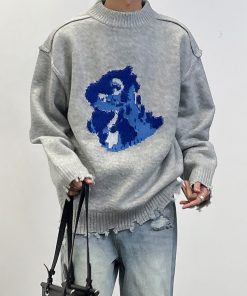 Embroidered Hem Distressed Little Dinosaur Sweater - Trendy Y2K Style with Roaring Beast Design for a Unique Look
