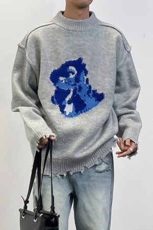 Embroidered Hem Distressed Little Dinosaur Sweater - Trendy Y2K Style with Roaring Beast Design for a Unique Look