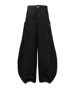 Embroidered Letter Pocket Cargo Denim Wide-Leg Baggy Jeans - Curved Knife Design, American Original Style