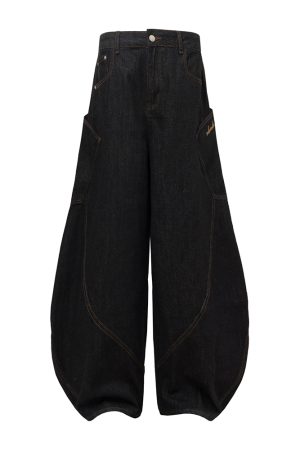 Embroidered Letter Pocket Cargo Denim Wide-Leg Baggy Jeans - Curved Knife Design, American Original Style