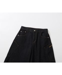 Embroidered Letter Pocket Cargo Denim Wide-Leg Baggy Jeans - Curved Knife Design, American Original Style