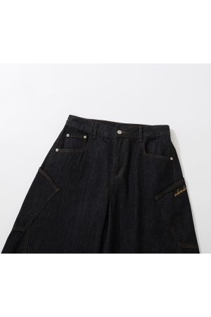 Embroidered Letter Pocket Cargo Denim Wide-Leg Baggy Jeans - Curved Knife Design, American Original Style
