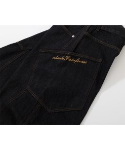 Embroidered Letter Pocket Cargo Denim Wide-Leg Baggy Jeans - Curved Knife Design, American Original Style