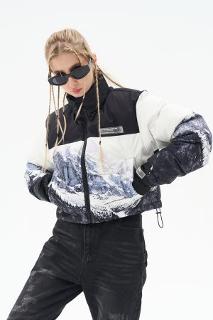 Embroidered Logo Spliced Nylon Down Jacket with Full Print for Autumn Winter - Stylish Mountain Design