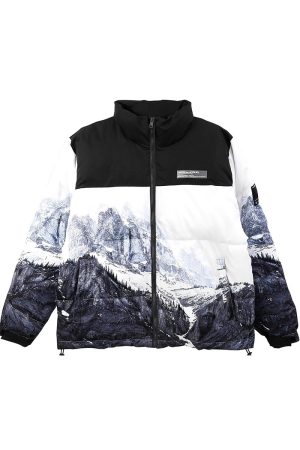 Embroidered Logo Spliced Nylon Down Jacket with Full Print for Autumn Winter - Stylish Mountain Design