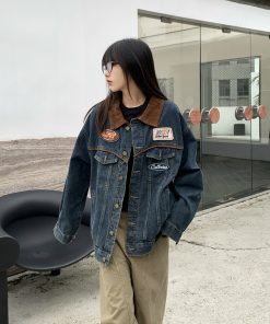 Embroidered Melange Color Block Denim Jacket - Unisex Vintage Motorcycle Style, Trendy Spring Autumn Outerwear
