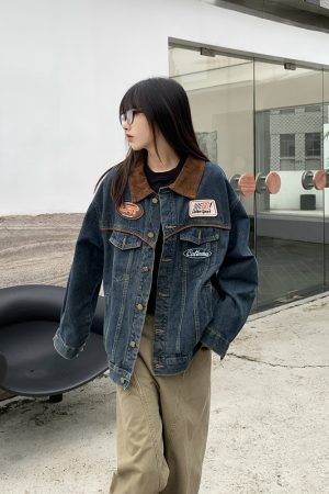Embroidered Melange Color Block Denim Jacket - Unisex Vintage Motorcycle Style, Trendy Spring Autumn Outerwear