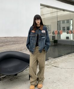 Embroidered Melange Color Block Denim Jacket - Unisex Vintage Motorcycle Style, Trendy Spring Autumn Outerwear