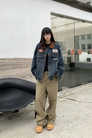 Embroidered Melange Color Block Denim Jacket - Unisex Vintage Motorcycle Style, Trendy Spring Autumn Outerwear
