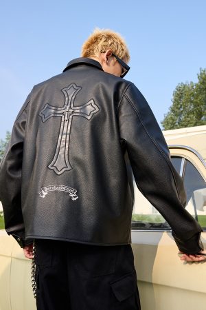 Embroidered Metal Cross Star Logo Patch Lychee Leather Texture Jacket with Lapel - Edgy Fashion Statement