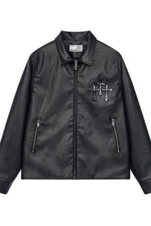Embroidered Metal Cross Star Logo Patch Lychee Leather Texture Jacket with Lapel - Edgy Fashion Statement