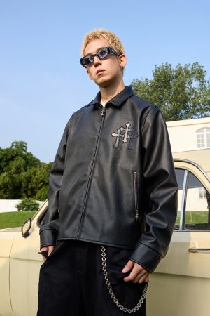 Embroidered Metal Cross Star Logo Patch Lychee Leather Texture Jacket with Lapel - Edgy Fashion Statement
